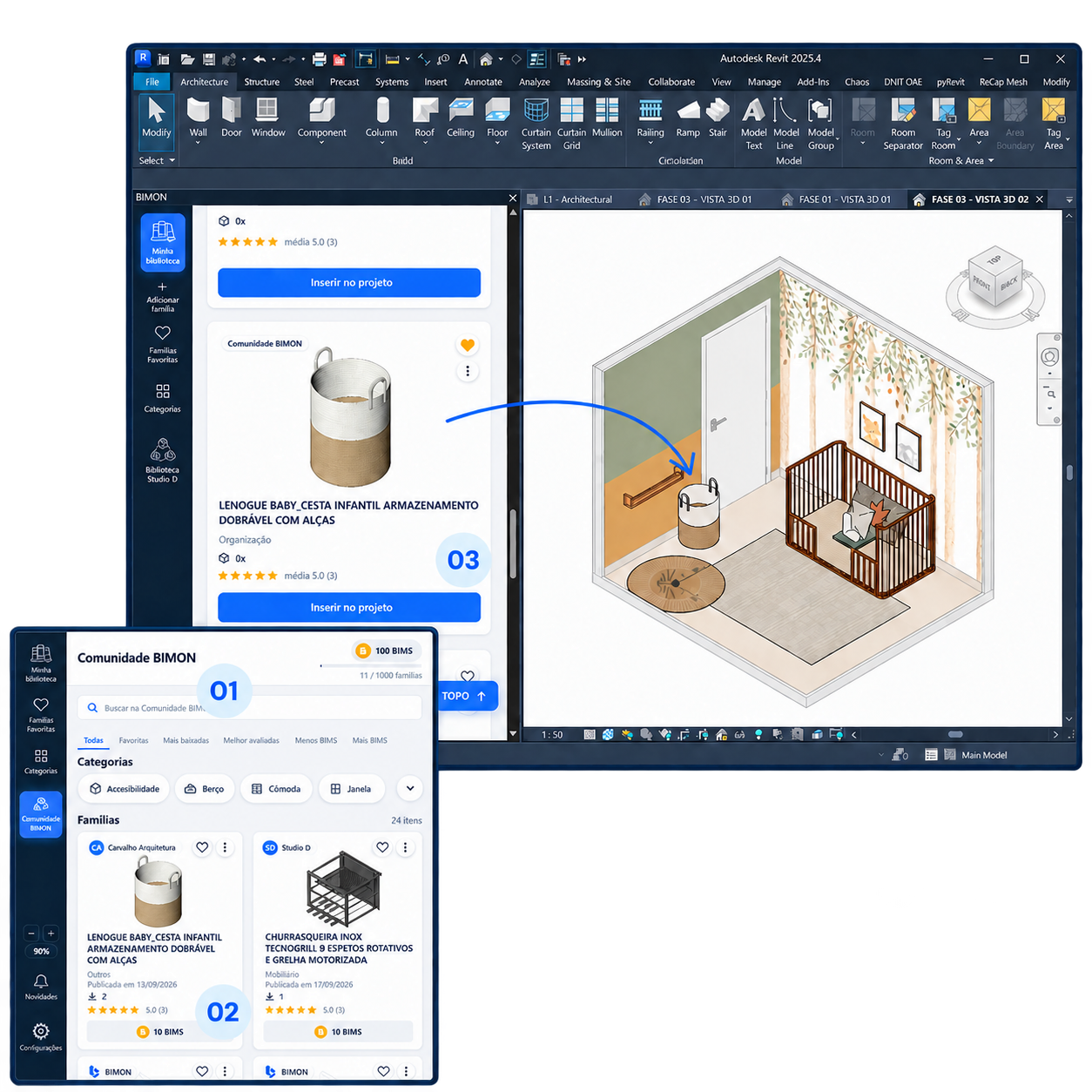 Três etapas da Comunidade BIMON ao Revit: encontrar uma família, adquirir com BIMs e inserir no projeto