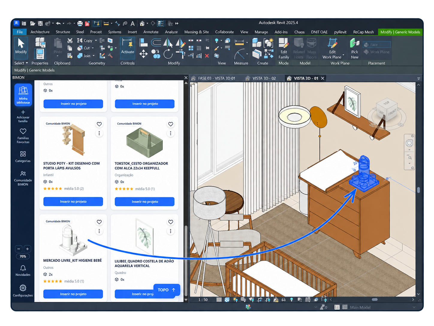 Biblioteca BIMON à esquerda do Revit, com uma família selecionada e inserida no projeto